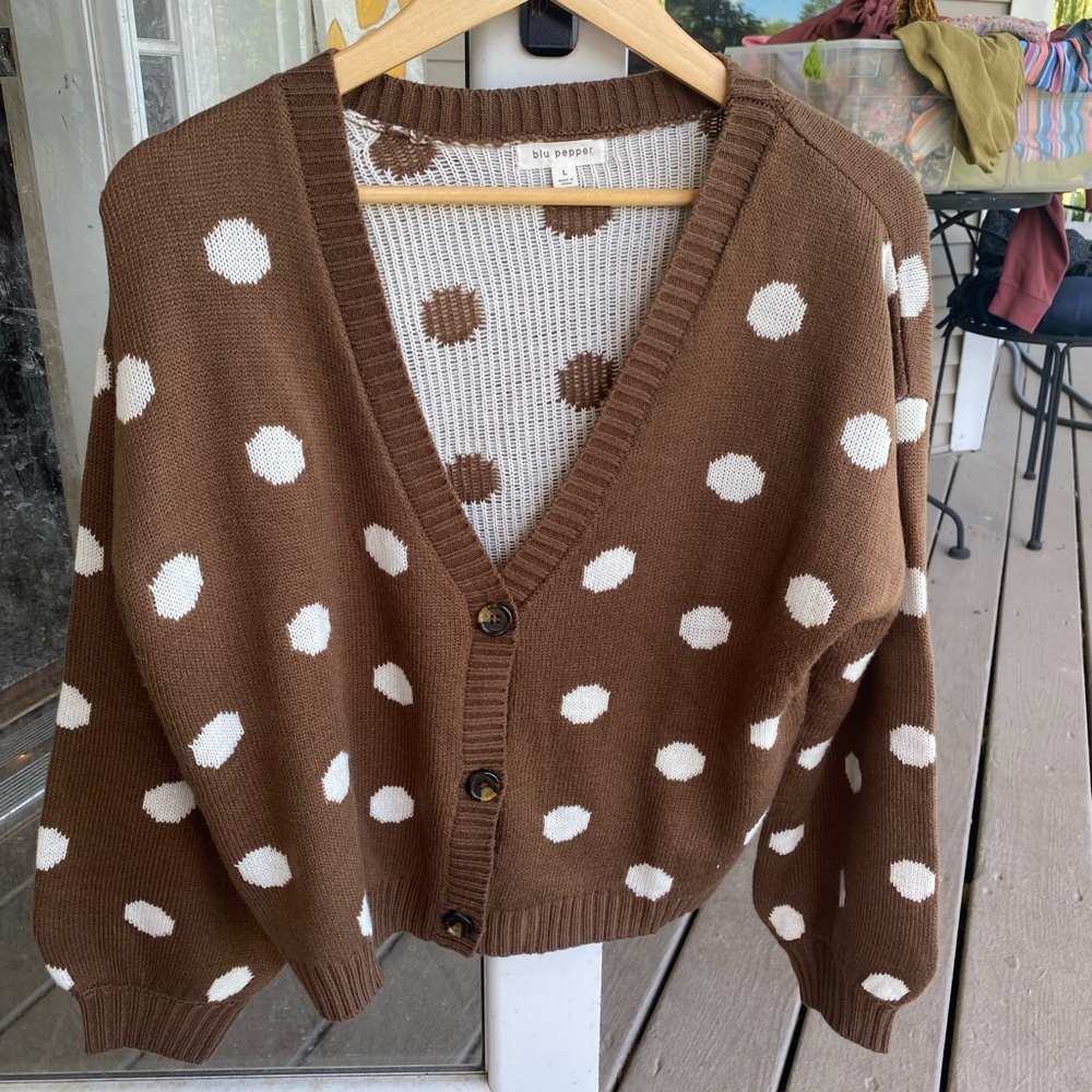 🌈 Blu Pepper Button Up Polka Dot Cardigan Sweater - Women’s Size L - Picture 2 of 8